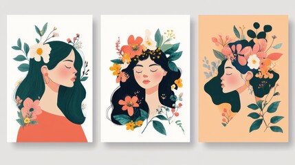 Fototapeta premium Whimsical Women's Day greeting card set with colorful illustrations.