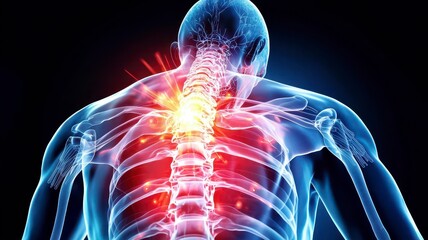 Medical pain joint management concept. A glowing human skeleton with a highlighted area in the upper back, indicating possible pain or injury, set against a dark background.