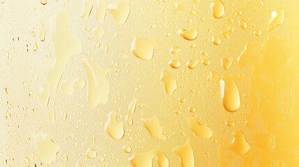 Water or beer condensation droplets on yellow glass background. Rain drops on window, abstract wet texture, cold juice or champagne alcohol beverage in wineglass, Realistic 3d vector illustration