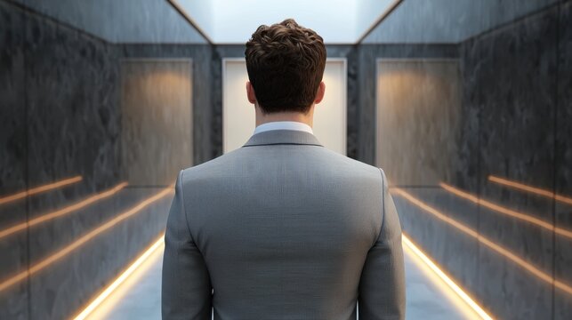 A man in a tailored suit stands confidently in a modern, minimalist hallway, illuminated by soft lighting, This image is ideal for corporate themes, professionalism, and leadership content,