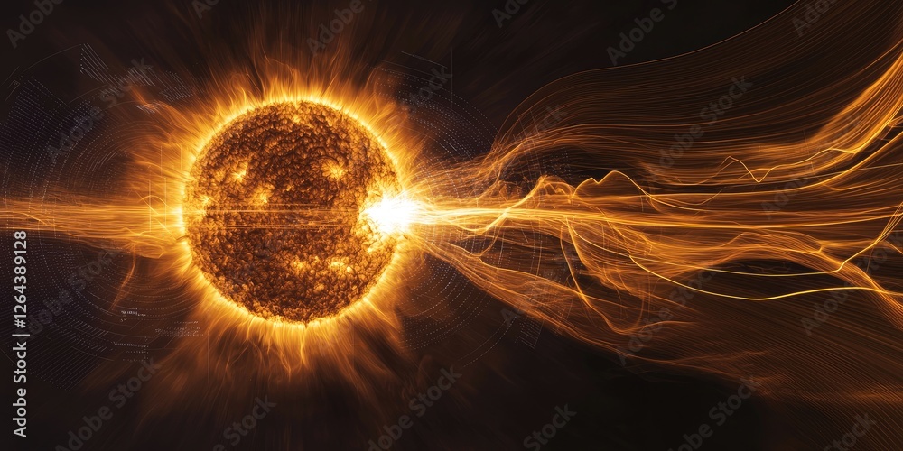 Poster a technological depiction of a solar flare, with detailed data analysis overlays and energy pulses e