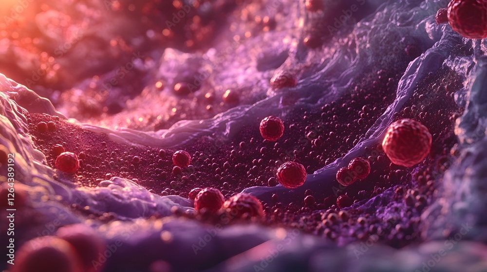Leinwandbilder mesmerizing microscopic view of viral cells or pathogens in striking red and purple colors showcasin