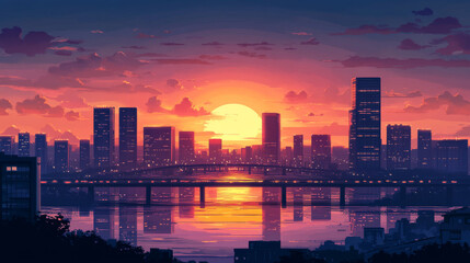 Fototapeta premium Sunrise in modern city, urban skyline with sun rising above skyscraper buildings, view from bridge. Morning metropolis cityscape with road and houses, town architecture, Cartoon vector illustration