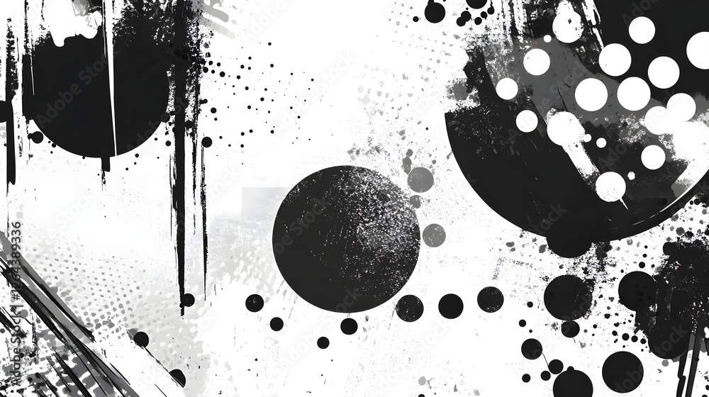 Poster Mesmerizing monochromatic abstract featuring dynamic splashes of ink scattered dots and minimalist geometric shapes  This visually striking digital artwork evokes a surreal ethereal