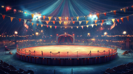 Circus arena, round stage for performance, carnival show. Vector cartoon empty interior inside of cirque tent with scene, seats, flags and searchlights