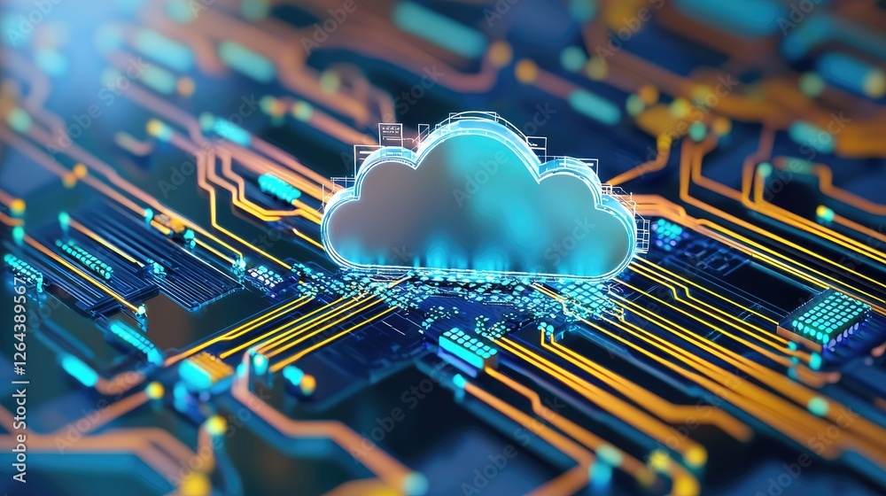 Poster a cloud architecture layout, revealing intricate layers of services, data storage solutions, and networking structures.