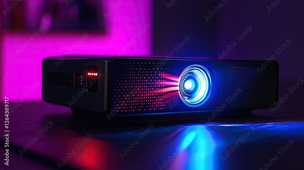 Fototapete detailed view of a portable projector with a shining lens and vibrant output, compact enough for mod