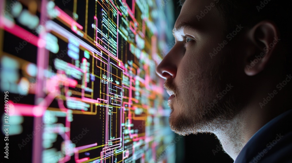 Fototapete a developer analyzing a complex software architecture, with code and diagrams side by side illustrating system interactions.