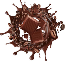 Coffee beans rotating with Coffee splash, and Chocolate bar isolated on wฟhite background