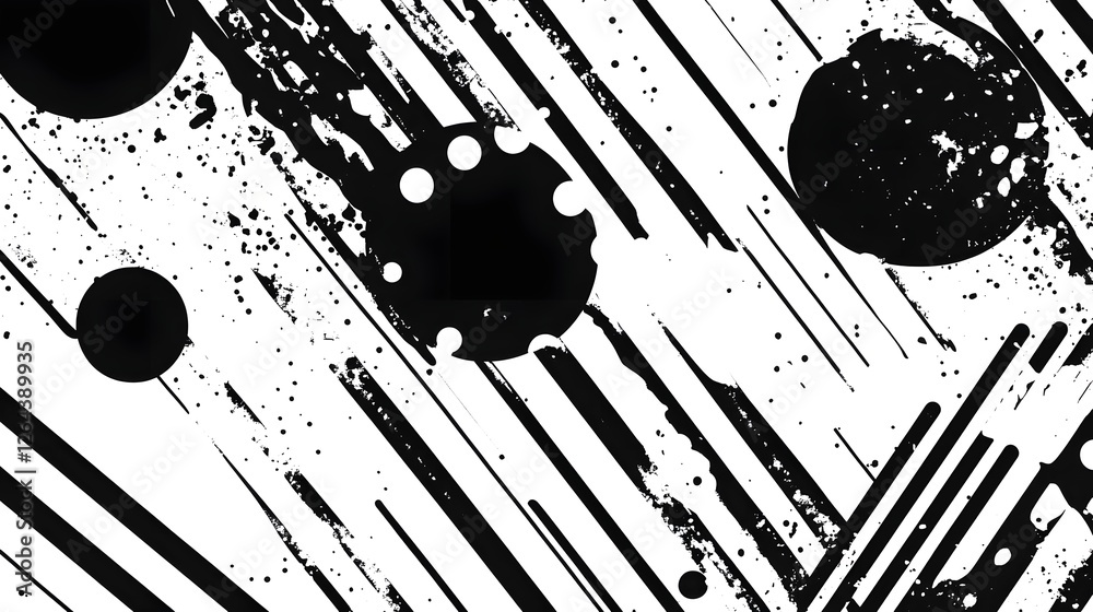 Aufkleber Mesmerizing monochrome abstract geometric art pattern design with dynamic fluid lines dots and splashes of contrasting black and white tones creating a bold striking