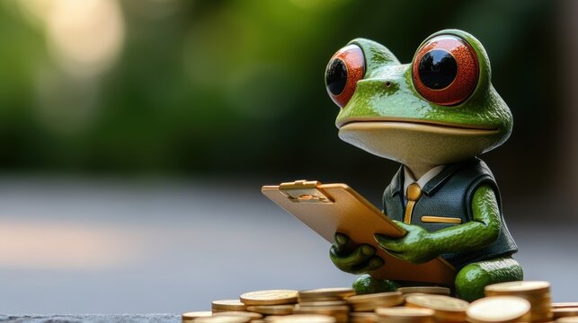 A whimsical frog character in a suit holds a clipboard amidst a pile of coins, perfect for financial or business-themed content, Ideal for presentations, ads, or designs needing a playful touch, - Powered by Adobe