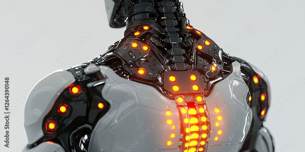Poster a robotic exoskeleton showcasing fine details and glowing accents, ideal for futuristic tech-driven 
