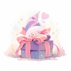Cute Character in Pink Gift Box with Ribbon