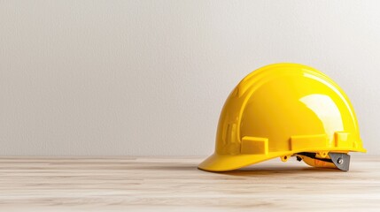 Yellow safety helmet on light wood table