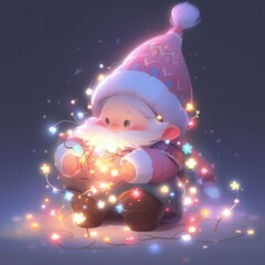 Cute Gnome with Christmas Lights in Winter Setting