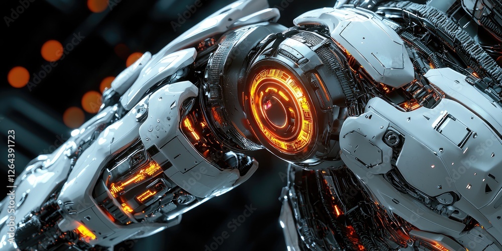 Poster cyberpunk-inspired robotic tech, showcasing intricate mechanical design, glowing circuits, and a hig