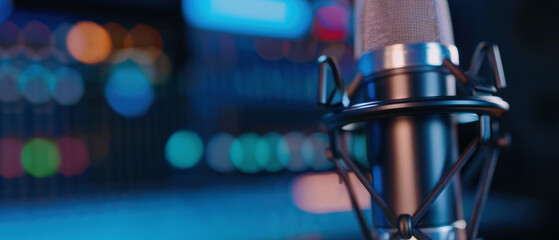 Professional microphone in a studio with colorful lights in the background.