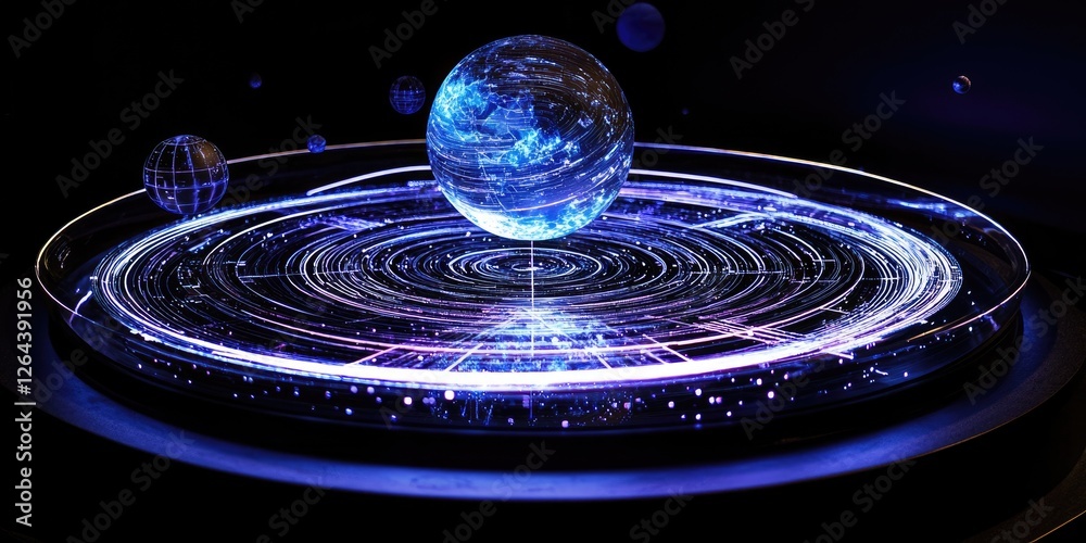 Poster a futuristic planetarium presenting a detailed holographic model of an alien planetary system, featu