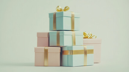Obraz premium A collection of pastel-colored gift boxes, stacked in an artistic arrangement, delicate ribbons and gold-accented edges