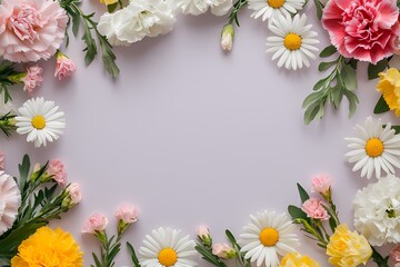 A circular frame of flowers with copy space, real flower photo, flowers border on pastel background, daisy, tulip, rose, carnation