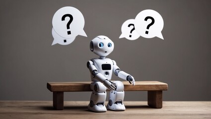A small, white robot sits on a wooden bench, contemplating several question mark speech bubbles. It's a scene of uncertainty and technological curiosity.