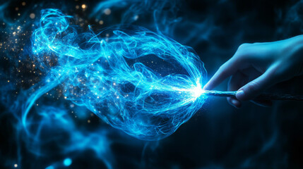 Realistic magic wand with set of blue light vortex effects isolated on transparent background. Vector illustration of luminous lines with shiny glitter particles, magic energy twirl, wizard spell