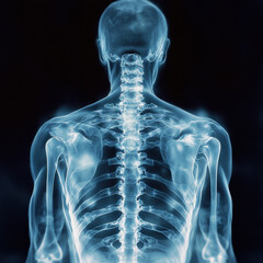 detailed X ray view of human spine and back, showcasing vertebrae and shoulder structure. This highlights intricate anatomy of human body