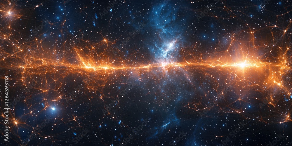 Poster a cosmic backdrop, where stars form a digital network, with energy lines and data streams merging in deep space.