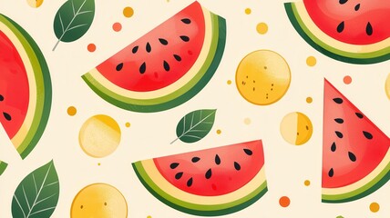 A colorful pattern featuring watermelon slices, yellow circular fruits, and green leaves on a light background.