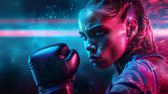 Cyberpunk Boxer: A female boxer, her face illuminated in vibrant neon pink and blue light, stares intensely, poised and ready to strike.  The image is dynamic.
