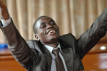 Young Entrepreneur Rejoicing at Desk After Achieving Business Milestone
