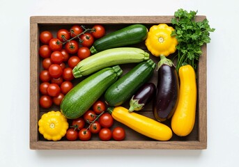 The vibrant colors and fresh appearance of the lettuce, bell peppers, tomatoes, and green beans create an appealing frame around an empty wooden space
