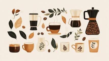 Coffee Vibes with Various Brewing Methods and Leafy Accents