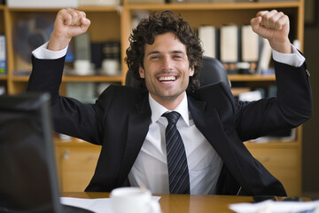 Young Entrepreneur Rejoicing at Desk After Achieving Business Milestone