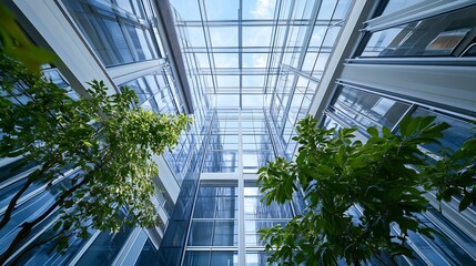 Glass Atrium's Serene Oasis: Modern Architecture and Lush Greenery