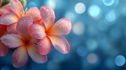 Fototapeta premium Delicate plumeria bloom adorned with dewdrops against a bokeh background