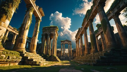 Obraz premium Ancient ruins surrounded by lush greenery at sunset