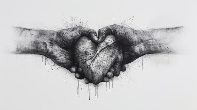 Heartfelt Connection: A powerful charcoal drawing depicts two hands cradling a heart, symbolizing the profound bond of love, compassion, and human connection.