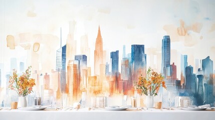 Urban Skyline Watercolor Mural with Floral Centerpieces at Table