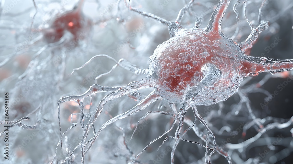 Aufkleber Microscopic close up view of a single neuron firing electrical impulses and transmitting signals through the complex network of synapses in the human brain  Medical scientific research biology