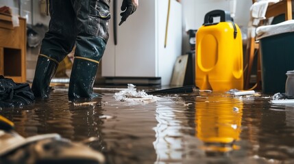 Flooded Room. Plumber In Rubber Boots Inspecting Damage. Concept: Plumbing Emergency, Home Repair. Focus On Water Level.