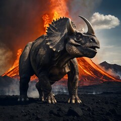 Fototapeta premium Powerful Triceratops Defending Against Volcanic Eruption