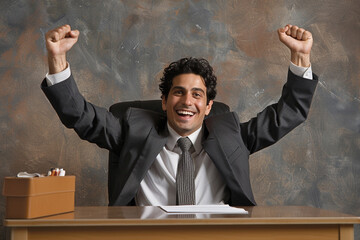 Young Businessman at Office Desk Raising Arms in Triumph and Joy