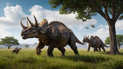 Obraz premium Triceratops Family Crossing Grassy Plain with Young Dinosaurs
