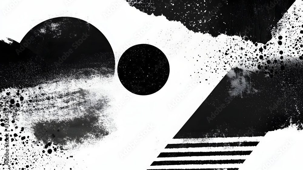 Poster Minimalist abstract composition featuring dynamic geometric shapes and patterns in dramatic black and white tones  The design showcases clean lines symmetry and a striking moody aesthetic