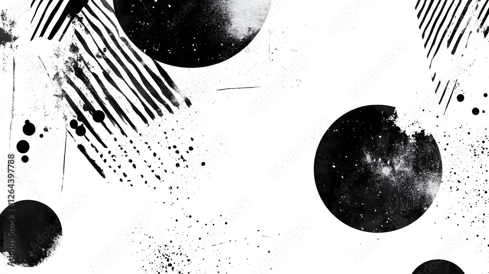 Poster Minimalist abstract geometric composition with spherical celestial forms strokes and patterns in a monochromatic black and white color scheme  Conceptual futuristic