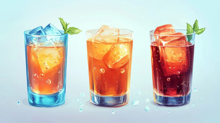 Splash cola, soda, cold tea or coffee with ice cubes. Splashing drink in glass cup with air bubbles. Isolated summer cocktail or whiskey alcohol beverage, Realistic 3d vector illustration, clip art