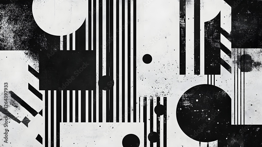 Fototapete Minimalist abstract geometric patterns and shapes in a striking black and white monochrome composition  Clean modern and contemporary digital art with elements of lines circles squares
