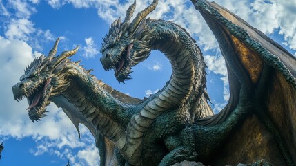 Fototapeta premium Majestic Three-Headed Dragon Statue Amidst Blue Sky and Clouds