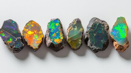 A set of raw and polished black opals displayed side by side to highlight their transformation.